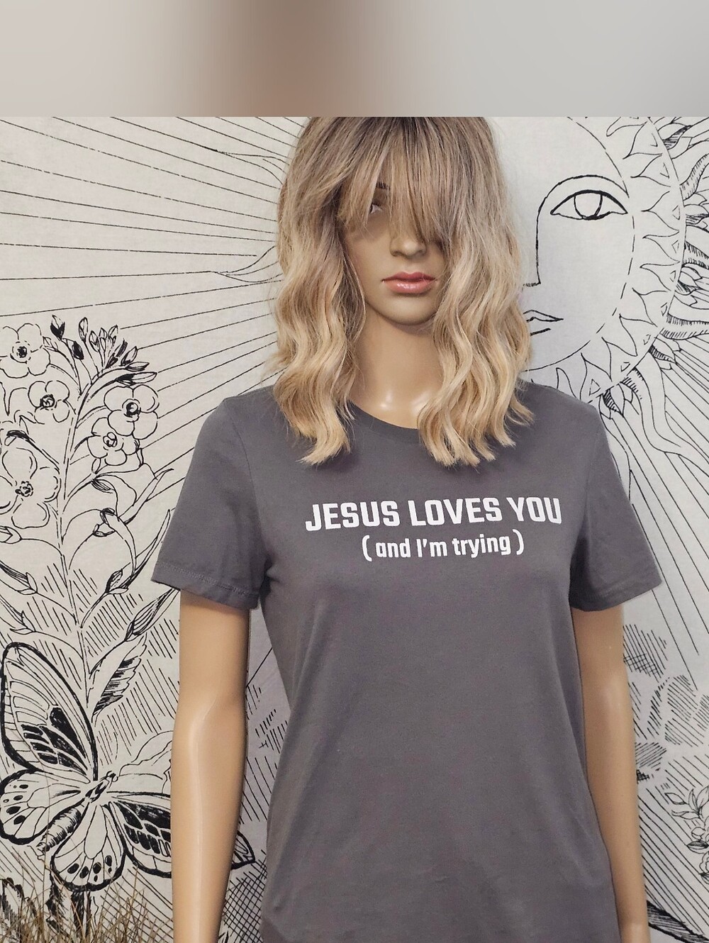 'Jesus Loves You (and I'm trying)' Graphic Tee - Gray Bella Canvas XL